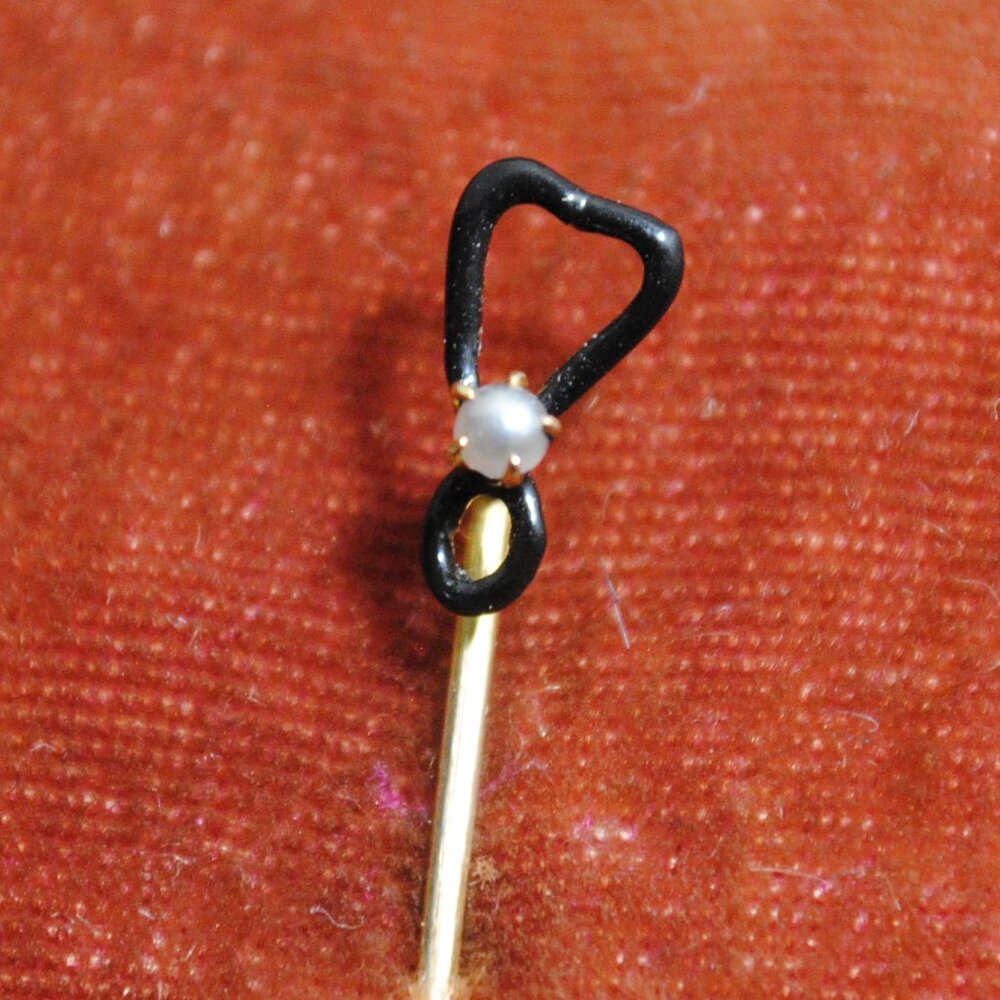 Unique Antique Gold-plated Stick Tie Pin with Black Enamel & Seed Pearl Mourning